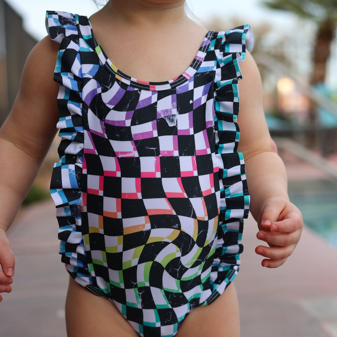 RUFFLE SWIMSUIT - Neon Dizzy Check - Tenth & Pine - Ruffle Swimsuit - 6/12m - millie + roo