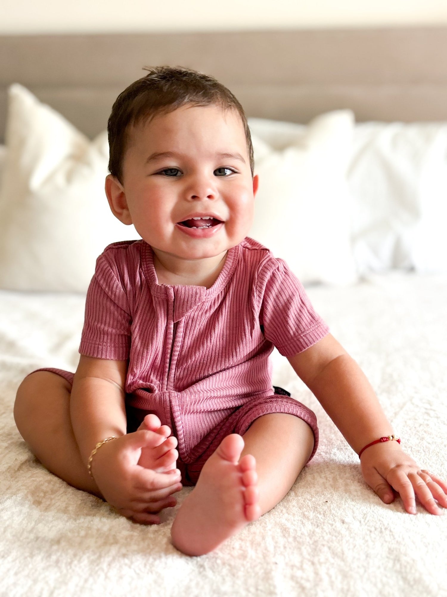 SHORTIE ZIP ROMPER - Mauve Ribbed - Tenth &amp; Pine - shortie zip rompers - rib - 0/3m