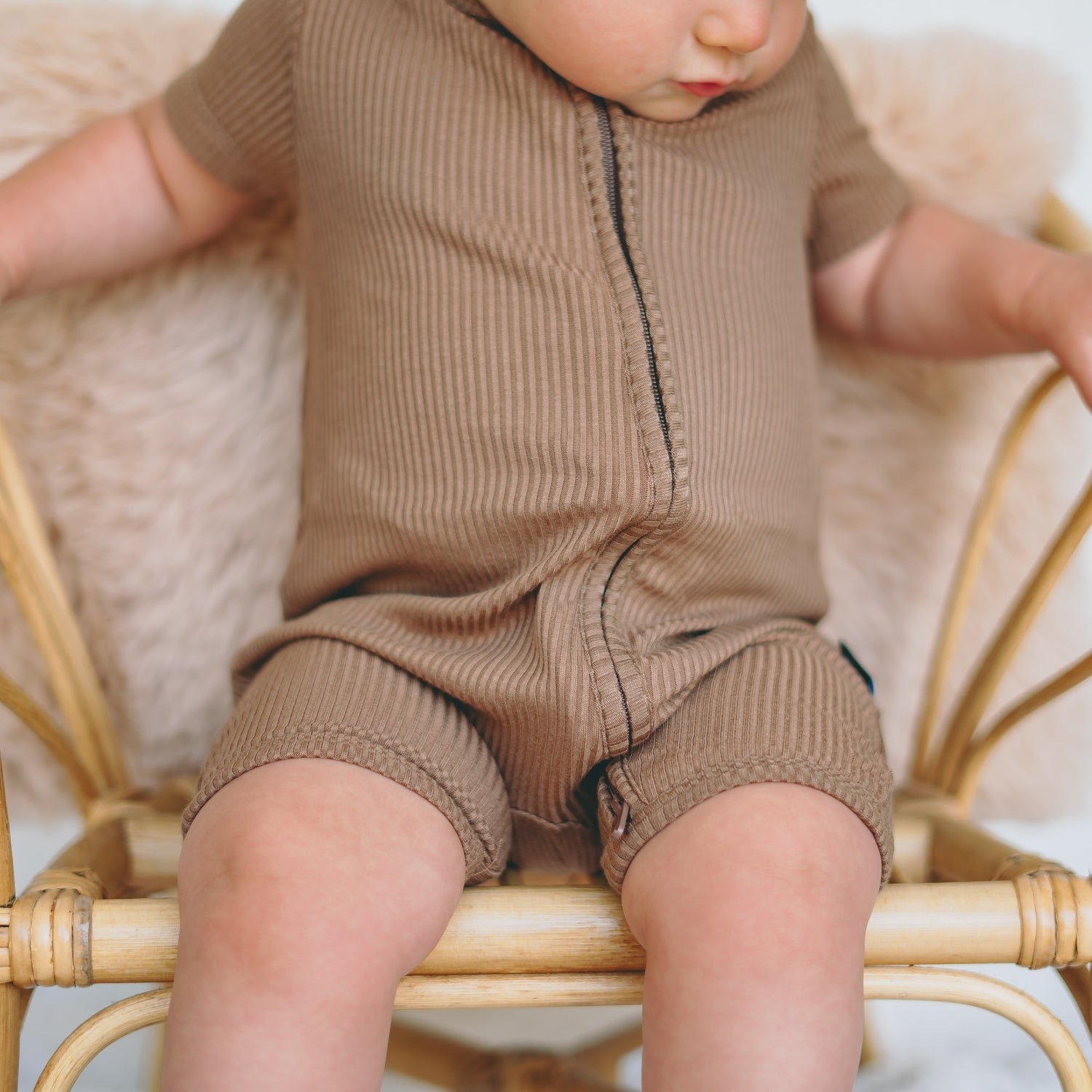 SHORTIE ZIP ROMPER - Mocha Ribbed - Tenth &amp; Pine - shortie zip rompers - rib - 0/3m