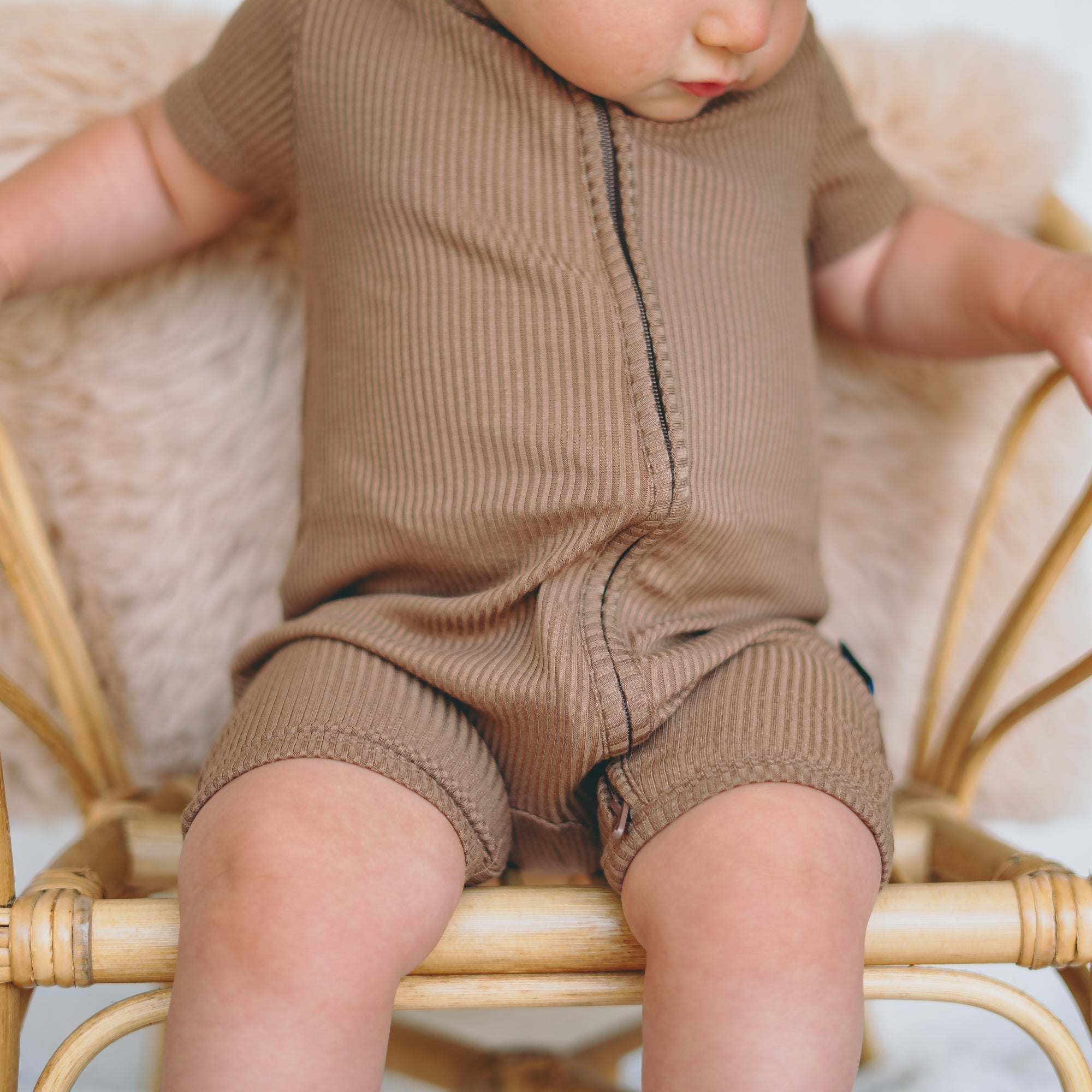 SHORTIE ZIP ROMPER - Mocha Ribbed - Tenth &amp; Pine - shortie zip rompers - rib - 0/3m