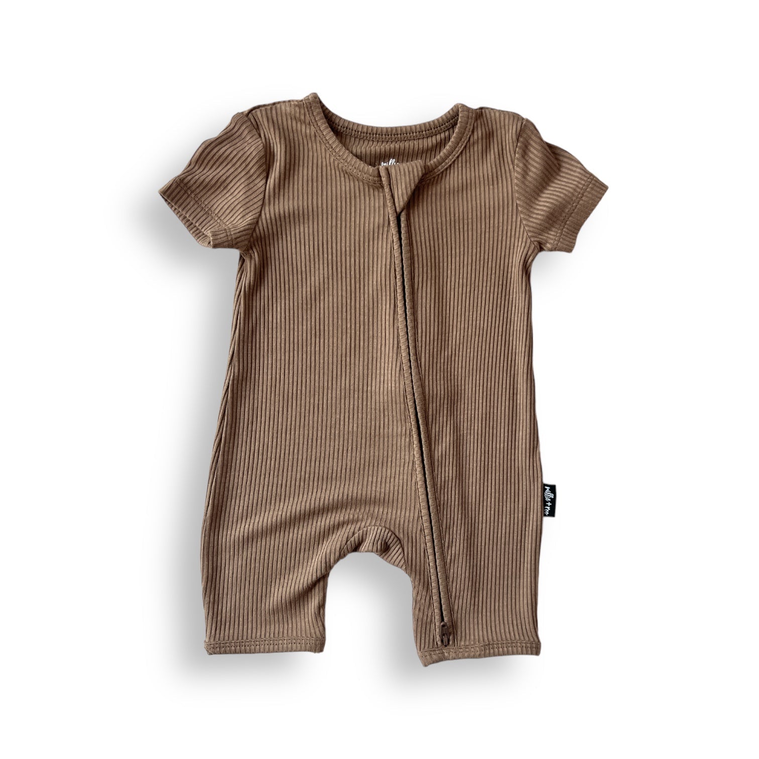SHORTIE ZIP ROMPER - Mocha Ribbed - Tenth &amp; Pine - shortie zip rompers - rib - 0/3m
