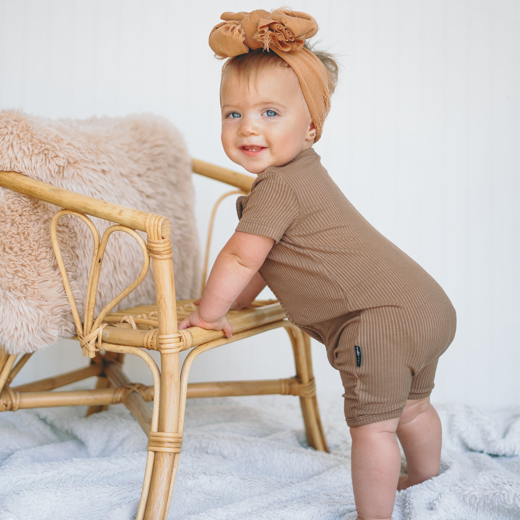 SHORTIE ZIP ROMPER - Mocha Ribbed - Tenth &amp; Pine - shortie zip rompers - rib - 0/3m