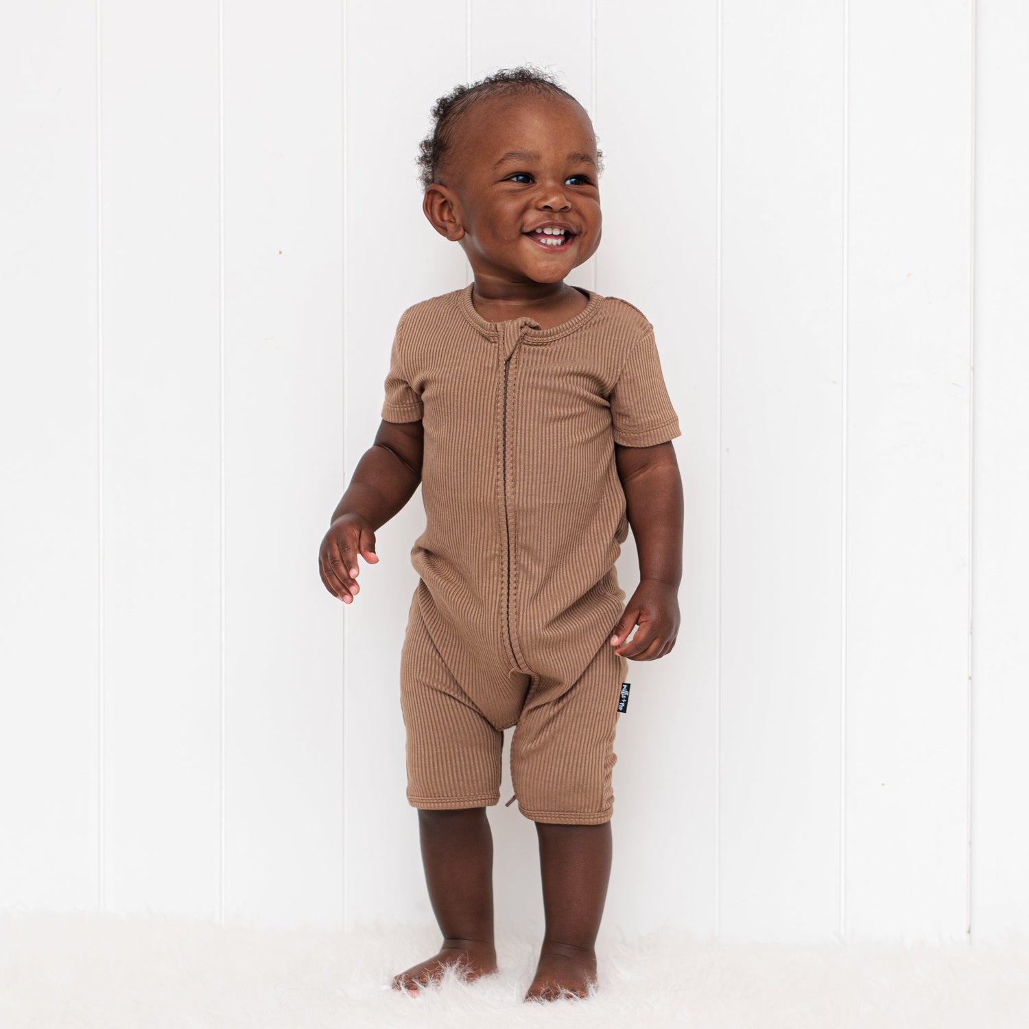 SHORTIE ZIP ROMPER - Mocha Ribbed - Tenth &amp; Pine - shortie zip rompers - rib - 0/3m
